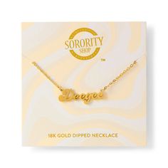 The perfect gift of Sisterhood! Our Sorority Sisterhood Retro Necklace features your sorority name or nickname dipped in 18k gold! This necklace comes with a perfectly giftable backer card with gold foil printing. Perfect for gifting. Perfect for a bid day gift, big little gift or a treat for yourself! Stainless Steel Chain and Pendant Premium 18k gold vacuum plating Perfect size - 16 inch chain length with 2" of extra links for adjusting Pendant height 10mm Sorority Stickers, Bid Day Gifts, Sorority Sisterhood, Sorority Names, Sigma Delta Tau, Retro Necklace, Foil Printing, Phi Sigma Sigma, Delta Phi Epsilon