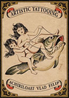 an old fashioned tattoo ad with a woman on a fish