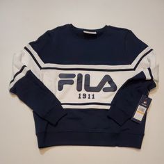 Fila Jayla Crew Pullover Sweatshirt Blue White New With Tags!!! Size - Women's Small Casual Navy Crew Top, Navy Crew Top With Ribbed Cuffs, Navy Crew Neck Top With Ribbed Cuffs, Navy Long Sleeve Tops With Ribbed Cuffs, Navy Long Sleeve Top With Ribbed Cuffs, Sporty Crew Neck Blue Top, Sporty Blue Crew-neck Top, Navy Crew Neck Sweatshirt For Spring, Navy Sporty Sweatshirt For Spring