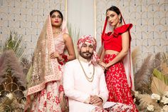 Mix and match your bridal and groomswear outfits with these modern red and pink floral wedding looks by Harleen Kaur. Ft. the Param Light Pink Sherwani styled with the Vihaan Red Floral Pants and a matching red floral Ishaan Turban for a dashing Indian groom outfit. Shop the striped Zoe Top, metallic floral Avni Lehenga Skirt, and sheer gold sequin Adhira Dupatta / red ruffle Keerat Top and Sejal Short Lengha for a modern Indian bridal look! Find these indowestern online at www.harleenkaur.us! Indian Groom Outfit, Pink Sherwani, Indian Bridal Look, Pants Wedding Guest, Lehenga Top