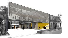 an architectural rendering of a building with people walking on the sidewalk