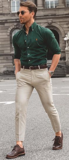 Men In Green Shirt, Fitted Dress Shirts Men, Men’s Dress Wear, Men In Dress Shirts, Bottle Green Shirt Outfit Men, Shirt Styles Men, How To Style Green Shirt, Men’s Dress Clothes, Men’s Dress Shirts