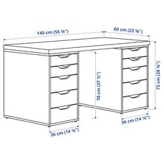 a drawing of a desk with drawers and measurements for the top drawer, side view