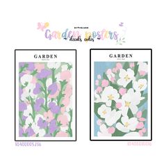 two pictures with flowers on them and the words garden next to each other in different colors