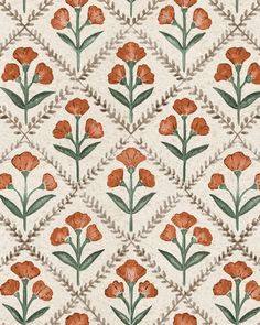 an orange and green flower pattern on a white wallpaper with red flowers in the middle