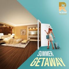 an advertisement for the resort featuring a woman in a hotel room with suitcases and luggage