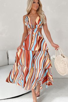 Bet You See Me Now Cut-Out Striped Tiered Maxi Dress (Multi) - NanaMacs Dressy Maxi Dress, Trendy Maxi Dresses, Flying Monkey Jeans, Skirt Maxi, Maxi Dress Online, Large Dress, Tiered Maxi Dress, Jeans Size Chart, Small Dress