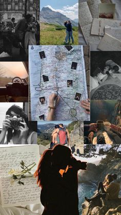 a collage of photos with people looking at pictures and writing on them, including an old map