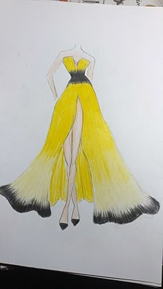 a drawing of a woman in a yellow dress on a white paper with black trim