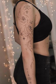 Phoenix Tattoo Feminine Arm Tattoos, Feminine Shoulder Tattoos, Front Shoulder Tattoos, Shoulder Sleeve Tattoos, Arm Sleeve Tattoos For Women, Floral Tattoo Shoulder, Feminine Tattoo Sleeves, Tattoos For Women Half Sleeve, Flower Tattoo Shoulder