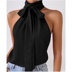 Black Luxe Neck Tie Halter Tank Top Xs S M L, 100% Polyester, Ships In 7-8 Days Top In Pizzo, Halter Shirt, Halter Blouse, Business Formal Dress, Halter Tank Top, Formal Dresses Gowns, Halter Tops, Professional Dresses, Feminine Look