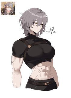 an anime character with grey hair and no shirt, wearing black clothes is looking at the camera