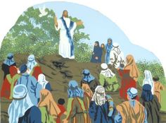 a painting of jesus standing on top of a hill surrounded by people in blue robes