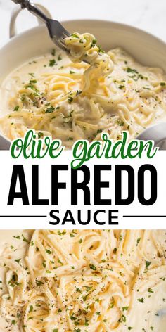 a bowl of alfredo sauce with a spoon in it and the title above reads, olive garden alfredo sauce