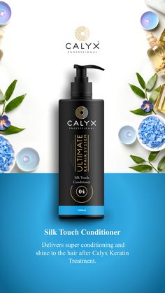 a bottle of hair product with blue flowers on it