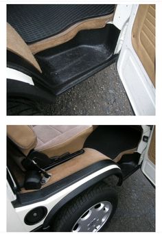 two pictures of the inside and outside of a vehicle