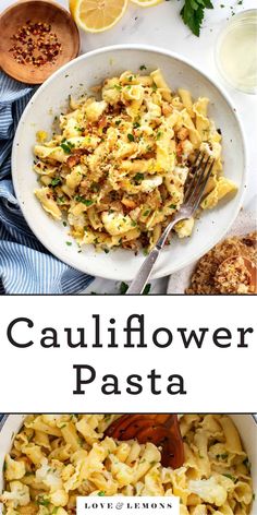 this is an image of cauliflower pasta with lemons and parsley on the side