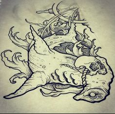 a drawing of an octopus attacking a shark