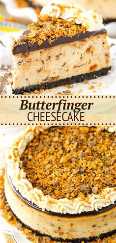 two different types of cheesecake on plates with the words butterfingerer cheesecake