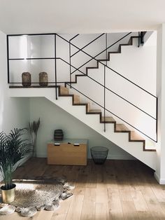 a living room with a stair case and rug on the floor next to a plant