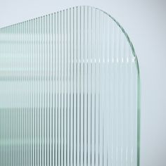 an arched glass door with vertical blinds on the outside and inside, in front of a white wall