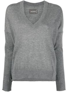 grey cashmere V-neck long sleeves ribbed-knit edge Cashmere V-neck Sweater, Fitted V-neck Cashmere Sweater, Gray Knit Long Sleeve V-neck Sweater, Luxury Cashmere V-neck Sweater, Luxury Gray V-neck Sweater, Knit Edge, Zadig And Voltaire, Grey Sweater, Cashmere Sweaters