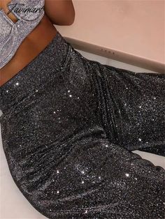 Tavimart Sparkly Sliver Party Pants For Women Party Night Clubwear Glitter Long Trousers Leggings Female Fashion Wide leg Pants Sparkly Pants, Trench Coat Dress, Party Pants, Long Trousers, Pantalon Large, Ankle Length Pants, Women Pants Casual, Black Glitter, Pants Women