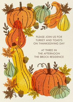 a thanksgiving card with pumpkins and gourds