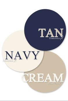 three circular stickers with the words tan, navy and cream