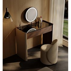 a vanity table with a mirror on it and a chair next to it in front of a window