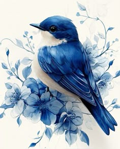 a blue bird sitting on top of a flowery branch with white and blue flowers