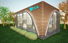 an artist's rendering of a small building with the word vega written on it