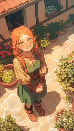 a girl with long red hair and green dress standing in front of potted plants