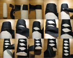 several images of different types of black and white shoes with laces attached to them