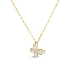 This necklace from Roberto Coin features a butterfly in flight, suspended on a precious metal chain. Crafted in 18K gold, the majority of the piece is warm, yellow gold, with white gold beneath the dazzling diamonds that decorate the creature's wonderful wings. This Roberto Coin pendant necklace is a great choice for nature-lovers. Yellow Gold Butterfly Diamond Jewelry, Butterfly Shaped Yellow Gold Diamond Jewelry, Butterfly Shaped Diamond Necklace, White Diamond Necklace With Butterfly Charm, Luxury White Gold Necklaces With Butterfly Charm, Luxury White Gold Necklace With Butterfly Charm, Luxury White Gold Butterfly Pendant Necklace, Fine Jewelry Diamond Butterfly Necklace In Yellow Gold, Diamond Butterfly Necklace In Yellow Gold