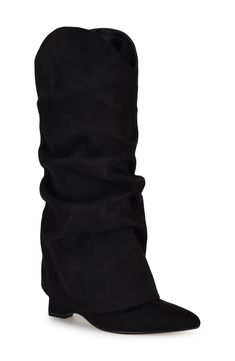 A slouchy fold-over shaft creates contemporary intrigue on a statement-making boot balanced by a pointy toe and sculptural wedge heel. 3 1/2" heel 12 1/2" shaft; 14 1/4" calf circumference Pull-on style Synthetic upper/textile and synthetic lining/synthetic sole Imported Fold Over Boots, 2024 Fashion, Boots Outfit, Black Fits, Fold Over, Wedge Heels, Nine West, Wedge Boot, Womens Boots