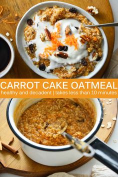 carrot cake oatmeal with yogurt and raisins in a bowl