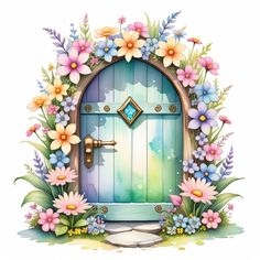 an open door with flowers around it