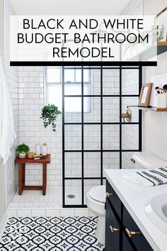 black and white bathroom remodel with text overlay