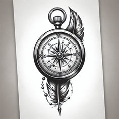 Compass and Feather Tattoo Design Inspiration Antique Compass Tattoo, Compass Feather Tattoo, Nature Compass Tattoo, Compass Sketch, Vintage Compass Tattoo, Compass Tattoo Men, Tattoo Generator, Compass Tattoo Design, Clock Tattoo Design