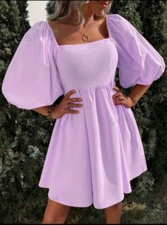 Simple Purple Dress, Pastel Purple Dress, Vestido Color Lila, Purple Dress Outfits, Purple Dress Short, Vestidos Para Baby Shower, Light Purple Dress, Puff Sleeves Dress, Prom After Party