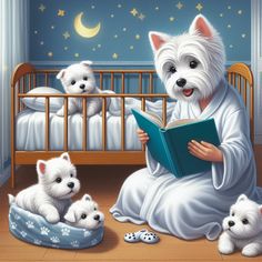 a painting of a person reading a book to three puppies in their crib