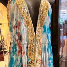 Beautiful Colors Of Blues White And Pinkish Flows Like Chiffon Long Dress Low Back Will Fit Anyone Med-Large Or Tall Slender Extra Small. Low Cut Front And Back Dress Low Back, Chiffon Long Dress, Dresses Backless, Beaded Dress, Hand Beading, Low Back, Beautiful Hand, Low Cut, Blue Gold