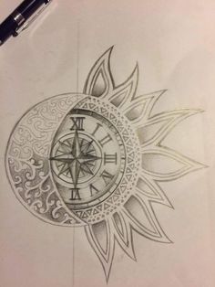 a pencil drawing of a compass and sun