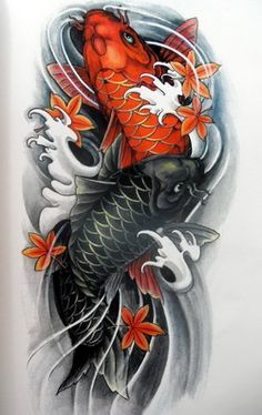 a drawing of a koi fish with orange flowers on it's back side