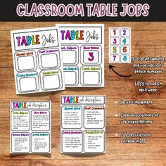 the classroom table jobs poster is displayed on a wooden surface with text that reads,