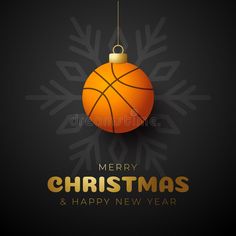 merry christmas and happy new year basketball ball hanging on a string with snowflakes royalty illustration