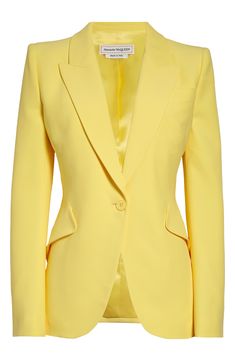 A signature McQueen style, this crepe blazer is tailored with strong, padded shoulders and angled flap pockets that create the appearance of a smaller waist. 27" length (size 44 IT) One-button closure Peaked lapels Four-button cuffs Chest welt pocket; front flap pockets Lined 52% viscose, 48% acetate Dry clean Made in Italy Collectors Luxury Career Blazer, Semi-formal Blazer With Structured Shoulders Notch Lapel, Structured Blazer With Notch Lapel, Crepe Blazer, Smaller Waist, Small Waist, Flap Pocket, Welt Pocket, Alexander Mcqueen