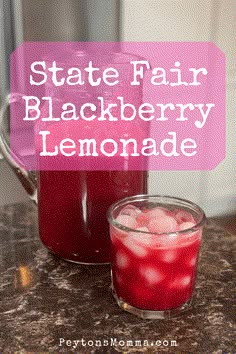 state fair blackberry lemonade in two glasses on a granite countertop with text overlay that reads state fair blackberry lemonade