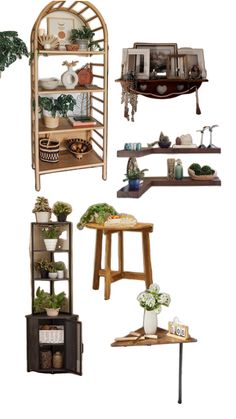 four different shelves with plants and other items on them, including a potted plant